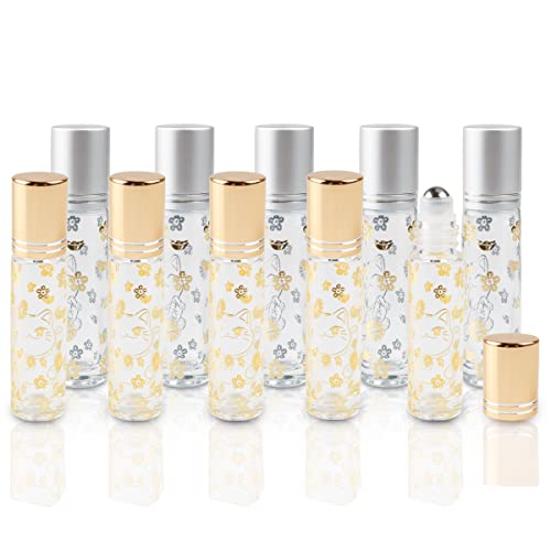 DMuuuDM 10 Pack 10ml Printed Cat Pattern Clear Glass Roll on Bottle,Empty Glass Roller Vials with Stainless Steel Roller Ball,Metal Lid Perfume Sample Essential Oil Vials Container-Silver,Gold