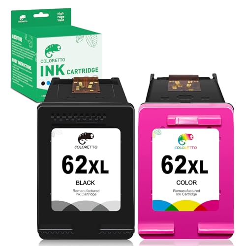 COLORETTO 62XL Ink Cartridge for HP Envy 7645 7640 5540 5643 5642 5640 5660 Officejet 5740 200 250 258 Printers as Replacement of HP 62 XL 62xl hp62xl hp62 High Yield Combo Pack (1 Black 1 Color)