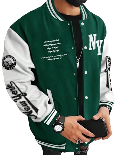 SOLY HUX Men's Varsity Jacket Color Block Letter Graphic Long Sleeve Baseball Jacket Bomber Coat Green Letter Large