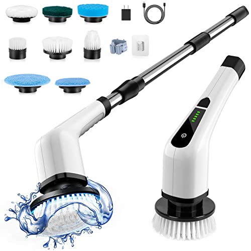 Bomves Electric Spin Scrubber, Cordless Cleaning Brush Scrubber for Home, 400RPM/Mins-8 Replaceable Brush Heads-90Mins Work Time, 3 Adjustable Size, 2 Speeds for Bathroom Shower Bathtub Glass Car