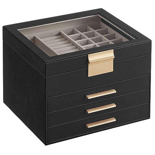 SONGMICS Jewelry Box with Glass Lid, 4-Layer Jewelry Organizer, 3 Drawers, for Big and Small Jewelry, Jewelry Storage, Modern Style, 8 x 9.1 x 6.5 Inches, Graphite Black and Gold Color UJBC173B01