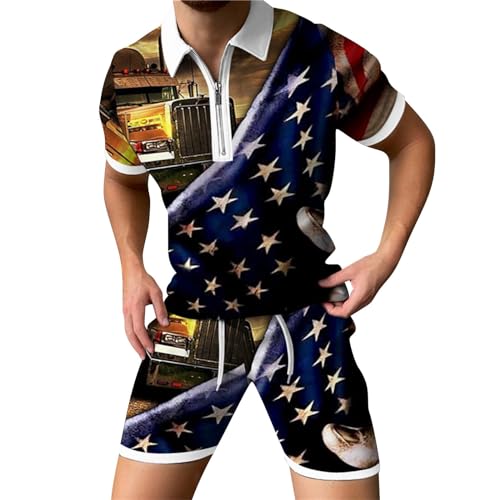 ZYXTIM American Flag Printed Patriotic Outfit Men Polo Shirts & Shorts 2-Piece Set Short Sleeve Quarter Sleeve Casual Sets(Black,X-Large)