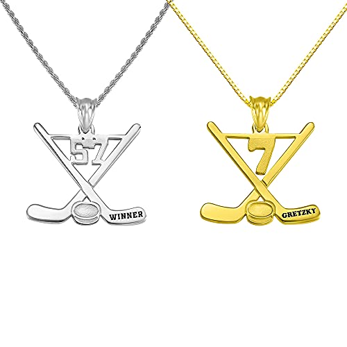 AILIN Custom Ice Hockey Sticks Necklace In 925 Sterling Silver Personalized Name and Lucky Number Pendant Sports Fan Jewelry Gifts For Men Women Girls Boys