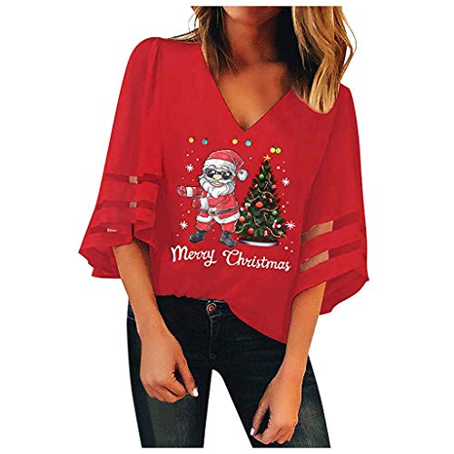 Womens 3/4 Bell Sleeve V Neck Lace Patchwork Blouse Casual Loose Christmas Santa Claus Shirt Tops Red