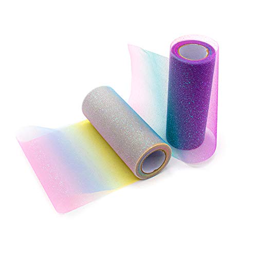 AUEAR, 2 Pack Total 60 Feet x 6inch Glitter Tulle Netting Rolls for Table Runner Chair Sash Bow Wedding Unicorn Party Pet Tutu Skirt Sewing Crafting Fabric Birthday Gift Ribbon (Rainbow Pack)