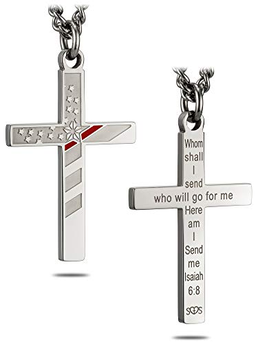 Shields of Strength Men's Stainless Steel Firefighter Flag Cross with Thin Red Line Necklace Inscribed with Isaiah 6:8 Bible Verse - Christian Jewelry