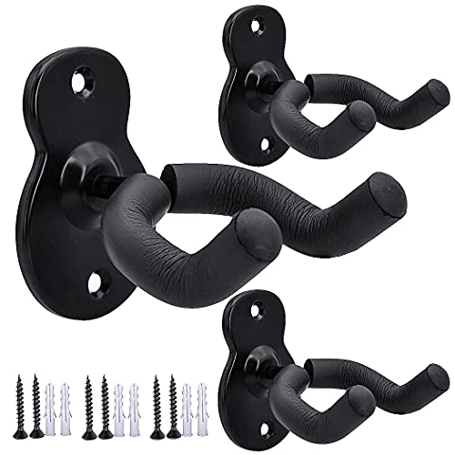 Sound harbor Guitar Wall Mount Wall Hanger 3 Pack Hook Black Metal Guitar Holder for Acoustic Electric Bass Guitar Ukulele Banjo Mandolin