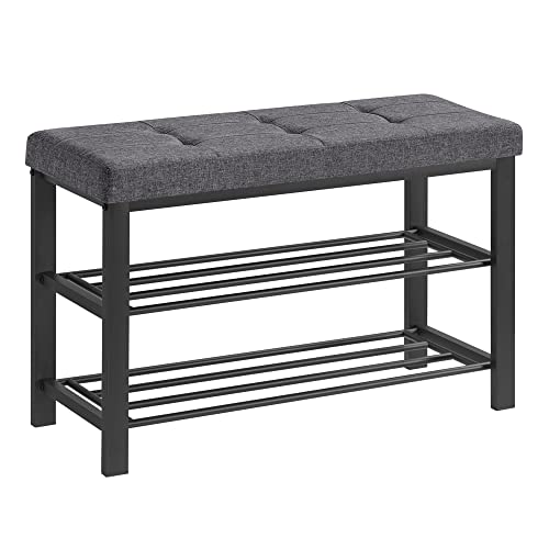 SONGMICS Shoe Bench, 3-Tier Shoe Rack for Entryway, Storage Organizer with Foam Padded Seat, Linen, Metal Frame, for Living Room, Hallway, 12.2 x 31.9 x 19.3 Inches, Dark Gray and Black ULBS57GYZ