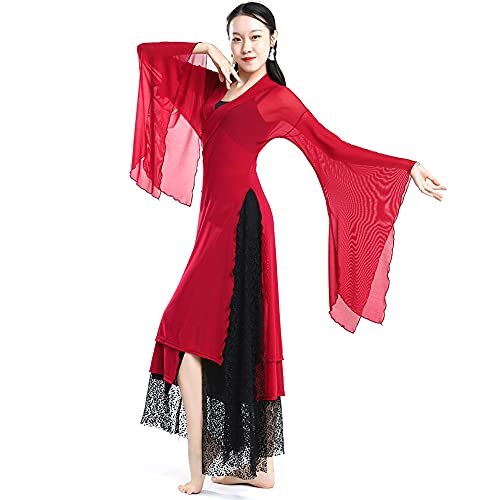 Women's Sheer Flowy Hanfu Top Flared Sleeve Wrap Front Side Split See Through Long Robe Chinese Classical Dance Wear (Red, M)