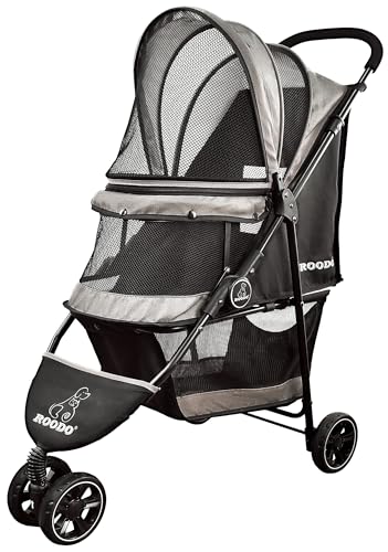 ROODO Escort 3Wheel Dog Stroller Cat Stroller Pet Stroller for Small Dogs and Cats,with Removable Liner Storage Basket and Cup Holder,Lightweight Pet Gear Foldable Jogger Travel System(Grey)