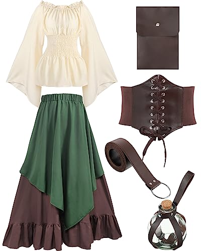 Hillban Women Medieval Renaissance Dress Costume Halloween Blouse Top Skirt Pouch Corset Belt Bottle(Green, Medium)