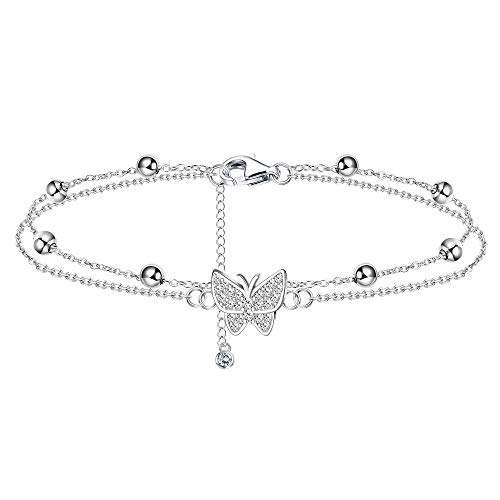 PATISORNA 925 Sterling Silver Butterfly Ankle Bracelets for Women Beaded Initial Anklet Layered Dainty Chain Adjustable Beach Foot Jewelry Summer Cute Beach Gift for Her