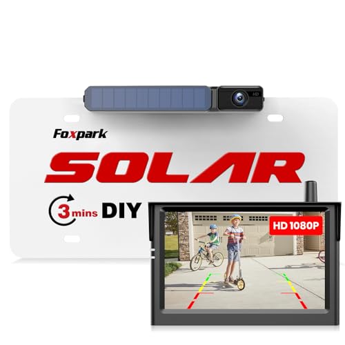 Foxpark Solar Wireless Backup Camera with HD 1080P 5' Monitor,3 Mins DIY Installation, IP69K Waterproof Back Up Camera Systems, Support 2 Channels Reverse Camera for Car, Truck, Trailer, Van, RV