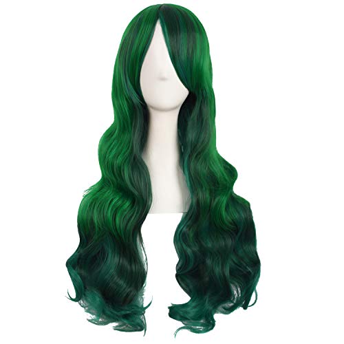 MapofBeauty 28 Inch/70 cm Beautiful Long Wavy Harajuku Style Cosplay Side Bangs Wigs (Lake Green/Grass Green) (Mixed Green)