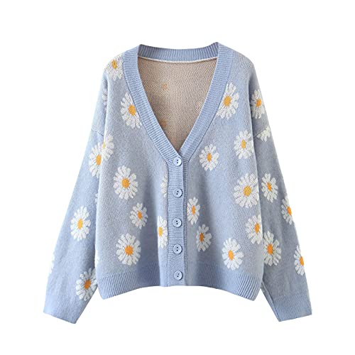 Women Y2K Floral Print Knit Cardigan Sweater Long Sleeve V Neck Button Down Sweater Vintage Aesthetic 90s Outerwear Tops (Blue, OneSize)