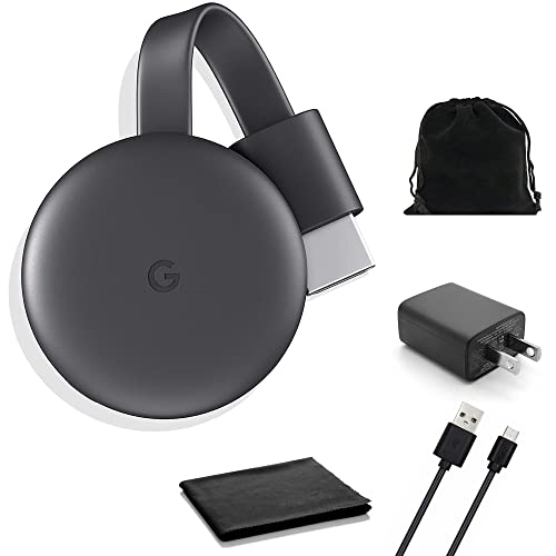 Google Chromecast - Streaming Device with HDMI Cable - Stream Shows, Music, Photos, and Sports from Your Phone to Your TV with Microfiber Cloth and Travel Carrying Pouch - Charcoal, Black