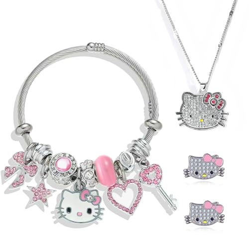 masut 3-Piece Cute Kitty Cat Jewelry Necklace/Bracelet/Earring, Y2k Charm Bracelet, Adjustable Pink Series Suitable For Women and Girls, Holiday Birthday Gift