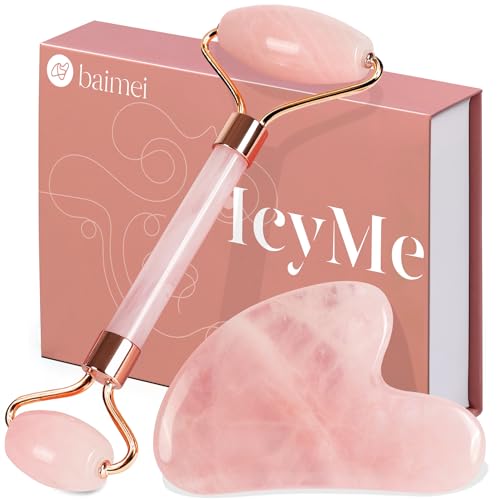 BAIMEI IcyMe Jade Roller & Gua Sha, Face Roller Redness Reducing Skin Care Tools, Massager for Face Self Care Gift for Men Women Mothers Day Gifts, Relieves Fine Lines and Wrinkles - Rose Quartz