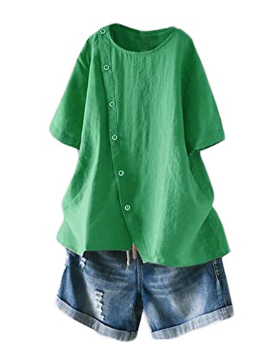 Minibee Women's Linen Blouse Tunic Short Sleeve Shirt Tops with Buttons Decoration Green XL