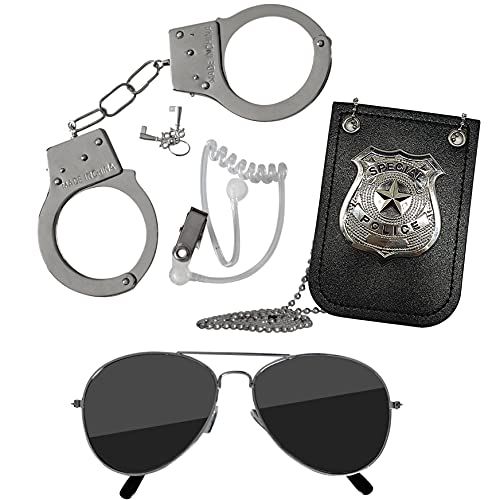 Skeleteen Kids Detective Set Accessories - Cool Special Agent Spy Gadgets Equipment for Detective Costumes with Sunglasses, Ear Piece, Badge, and Handcuffs