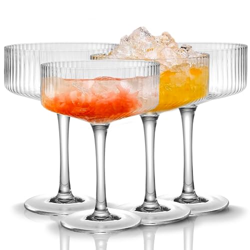 Qipecedm 4 Pcs Ribbed Coupe Glasses, 10 oz Vintage Cocktail Coupe Glasses Set, Unique Martini Glass, Classic Cocktail Galssware, Bar Drinking Glasses Set Pefect for Cocktail, Wine, Champagne & Gift