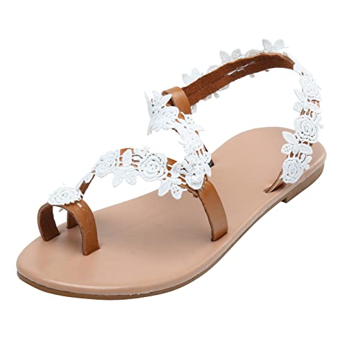 Shengsospp Women's Flat Sandals Open Toe Breathable Sandals Non Slip Lace Flowers Slip On Beach Shoes Comfortable Soft Sandals