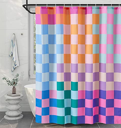 RoomTalks Multicolored Checkered Retro Fabric Shower Curtain for Bathroom, Heavy Duty & Waterproof Bright Rainbow Colorful Modern Simple Groovy Aesthetic Shower Curtain Set with Hooks Bathroom Decor