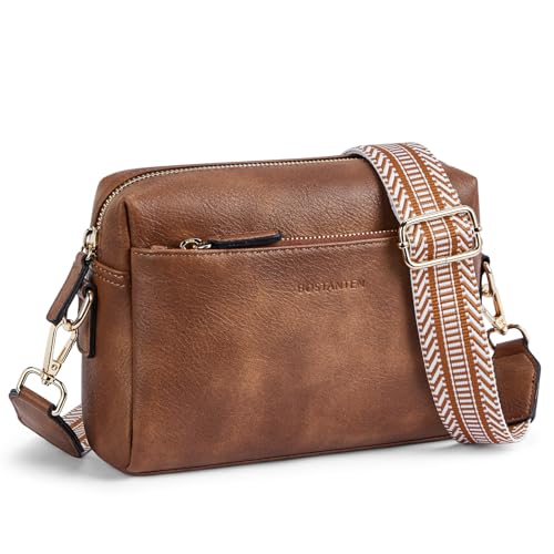 BOSTANTEN Small Crossbody Purse for Women Triple Zip Cell Phone Leather Shoulder Handbag with Wide Guitar Strap Brown
