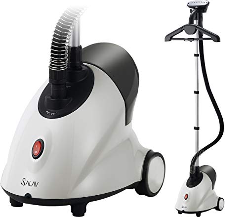 SALAV GS18-DJ Standing Garment Steamer with Roll Wheels for Easy Movement, 1.8L Water Tank for 1 Hour Continuous Steaming, Adjustable Pole for Storage, 1500 watts, Includes Descaler Packet, White