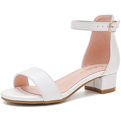 Dufannie White Heels for Girls Open Toe Ankle Strap Chunky Heel Sandals Girls Dress Shoes Party Wedding First Communion Church Christmas Strappy Buckle Sandals(3603White 3)