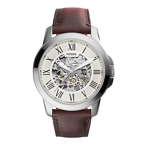 Fossil Men's Grant Automatic Stainless Steel and Leather Three-Hand Watch, Color: Silver, Brown (Model: ME3099)