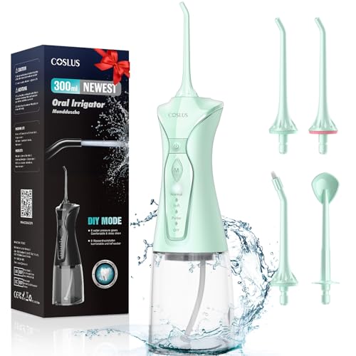 COSLUS Water Dental Flosser Pick for Teeth: 4 Modes Cordless Portable 300ML Larger Tank Water Teeth Cleaner IPX7 Waterproof Flossing Cleaning Picks for Home Travel FC5360