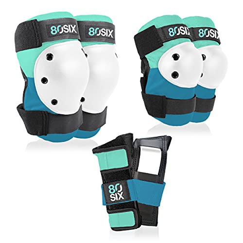 80Six Kidsâ€ Multi-Sport Pad Set with Wristguards, Elbow Pads, and Knee Pads, Surf Green Teal, Small/Medium - Ages 8+