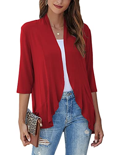 Bluetime Women 3/4 Sleeve Draped Ruffles Soft Shrugs Blazers Sunmer Coverups Lightweight Open Front Cardigan (S-3XL) (XXL, Red)