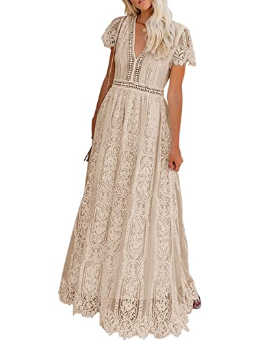 MEROKEETY Women's 2024 V Neck Short Sleeve Floral Lace Wedding Dress Bridesmaid Cocktail Party Maxi Dress, Apricot, Medium