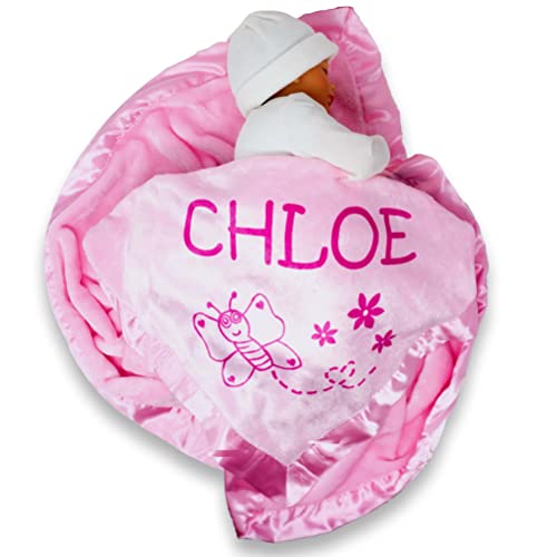 Custom Catch Personalized Girl Pink Baby Blanket Gift with Flower, Ladybug, Bee or Butterfly