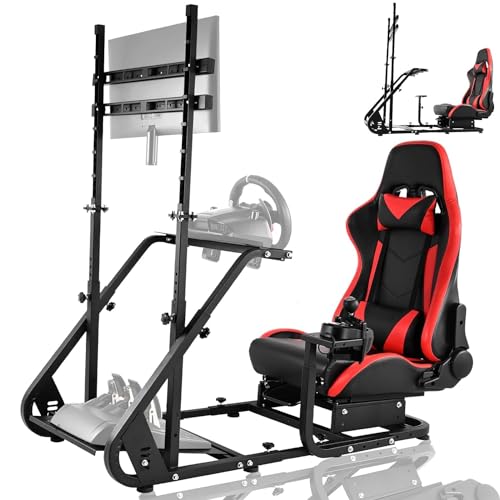 Marada Racing Simulator Cockpit Frame with Monitor Stand, Gear Mount, Red seat Compatible with G923 G920 G29 FANTEC T3PA TGT Height Adjustable Wheel and Pedals Not Included Racing Cockpit Full Kit