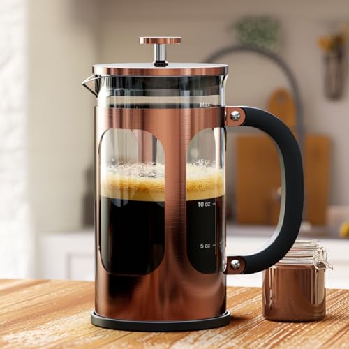 BAYKA 21 Ounce 0.6 Liter French Press Coffee Tea Maker Small, Heat Resistant Thickened Borosilicate Glass Stainless Steel Coffee Press Single Serve, Cold Brew Coffee Pot Tea Press, Copper