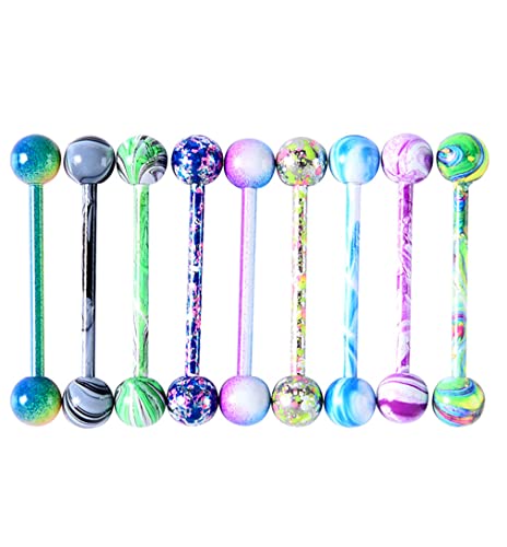 Tanyoyo 14G 18 Pcs Colorful Ball Tongue Rings Stainless Steel Barbell Tongue Straight Ring Retainer Nipple Ring Bar Length 16mm For Women Men (8PCS MIX Color)