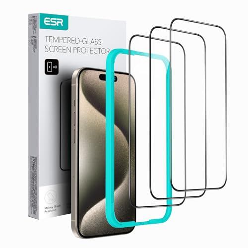 ESR 3 Pack for iPhone 15 Pro Max Screen Protector, 3 Black Edge Tempered-Glass Film with Easy Installation Tool, 2.5D Curved Edges, Full-Coverage Military-Grade Protection, Scratch Resistant