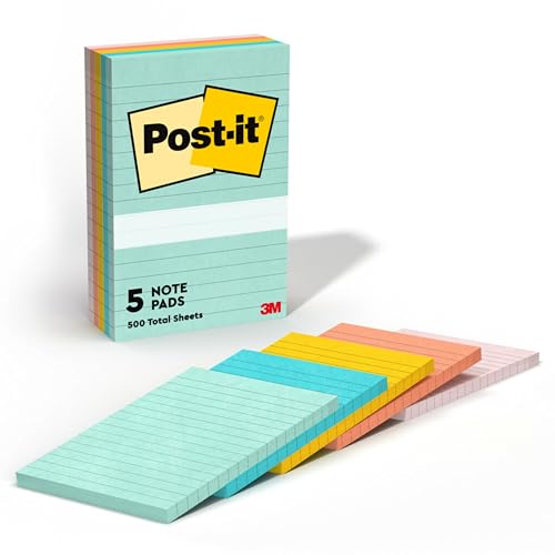 Post-it Notes, 4x6 in, 5 Pads, America's #1 Favorite Sticky Notes, Beachside Café Collection, Pastel Colors, Recyclable (660-5PK-AST)