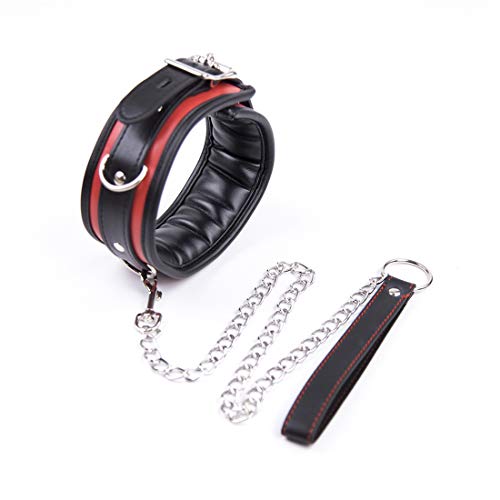 Soft Sponge Leather Collars Punk Necklace Chain Leash Cosplay Adjustable Neck Chokers（Black+Red）