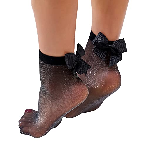DAYMOD Women Black Sheer Stockings Nylon Sheer Ankle Dress Socks 20 DEN (One-Size, Black Bows)