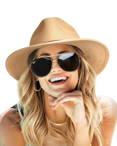 FURTALK Sun Hats for Women Summer Wide Brim UV UPF 50+ Panama Fedora Foldable Packable Straw Beach Hat Khaki