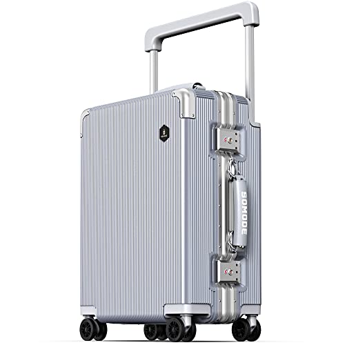 SOMODE LA SERIES Carry On Luggage 20inch Wide Handle Suitcase, Hardshell with Aluminum Frame, Supper-low noise Spinner Wheels & TSA Lock, Business Travel Carry-On Luggage (002-SILVER)