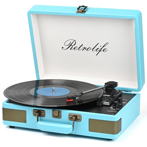 Retrolife Record Player 3 Speed Bluetooth Portable Suitcase Vinyl Player with Built-in Speakers Turntable Enhanced Audio Sound PU Leather Vintage Blue