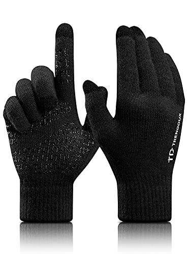 TRENDOUX Gloves Women Men, Winter Touch Screen Glove, Texting Running Driving - Anti-Slip Grip - Thermal Lining - Stretchy Material - Knitted Warm Glove Computer in Cold Weather Black - L