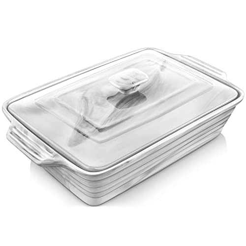 MALACASA Large Casserole Dish with Lid, 4.4 Quart Ceramic Baking Dish for Oven, 13 x 9 Lasagna Pan Deep with Lid, Microwave, Dishwasher Safe, Series BAKE-GREY