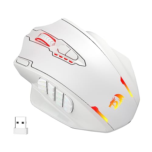 Redragon M913 Impact Elite Wireless Gaming Mouse, 16000 DPI Wired/Wireless RGB Gamer Mouse with 16 Programmable Buttons, 45 Hr Battery and Pro Optical Sensor, 12 Side Buttons MMO Mouse, White