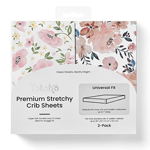 TotAha Premium Stretchy Crib Sheets (2-Pack)-Hypoallergenic, Silky Comfort, Buttery Soft, Calming Effect, All-Season Jersey-Knit Sheets, 9'' Extra Deep Pocket(Meredith Allover Floral & Pale Pink)